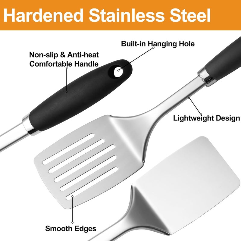 JXWING Stainless Steel Spatulas Set, 2 Pack Heavy Duty Solid & Slotted Turner, Metal Spatulas for Kitchen Use, High Heat Resistant Cooking Utensils for Fish Eggs Pancakes - Image 2